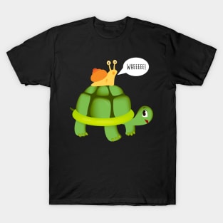 Cute Snail Riding on Turtle Yelling Whee Animals T-Shirt